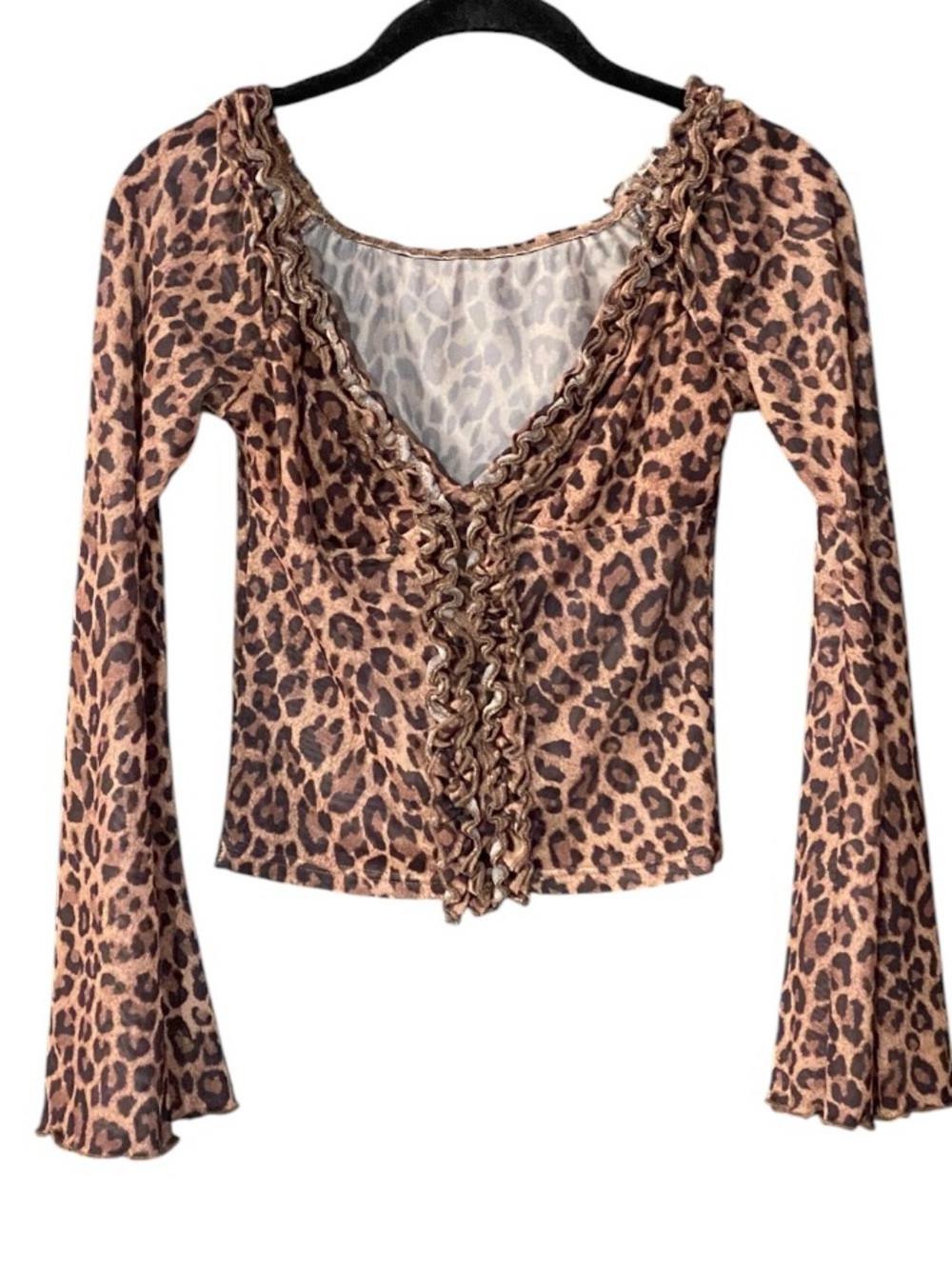 Y2K Leopard Mesh Top XS Off Shoulder Bell Sleeve Fairy Grunge Indie Sleaze - Picture 5 of 11